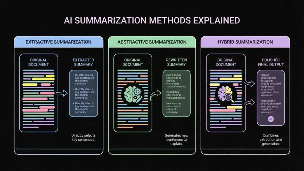 AI summarization methods comparing extractive, abstractive, and hybrid approaches
