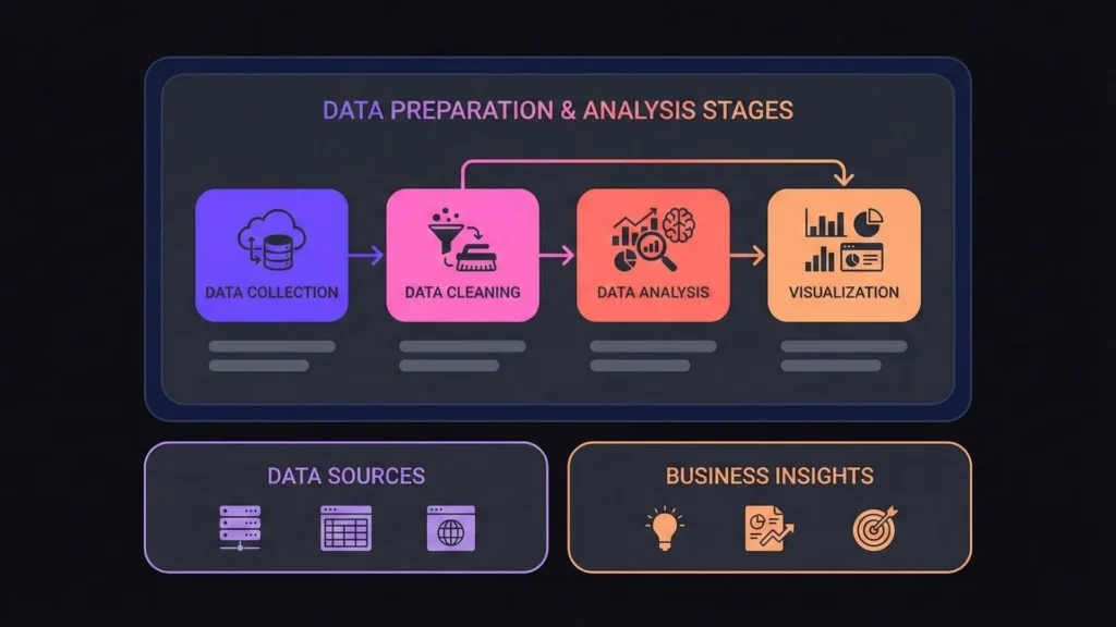 Healthcare data preparation and analysis stages visualization