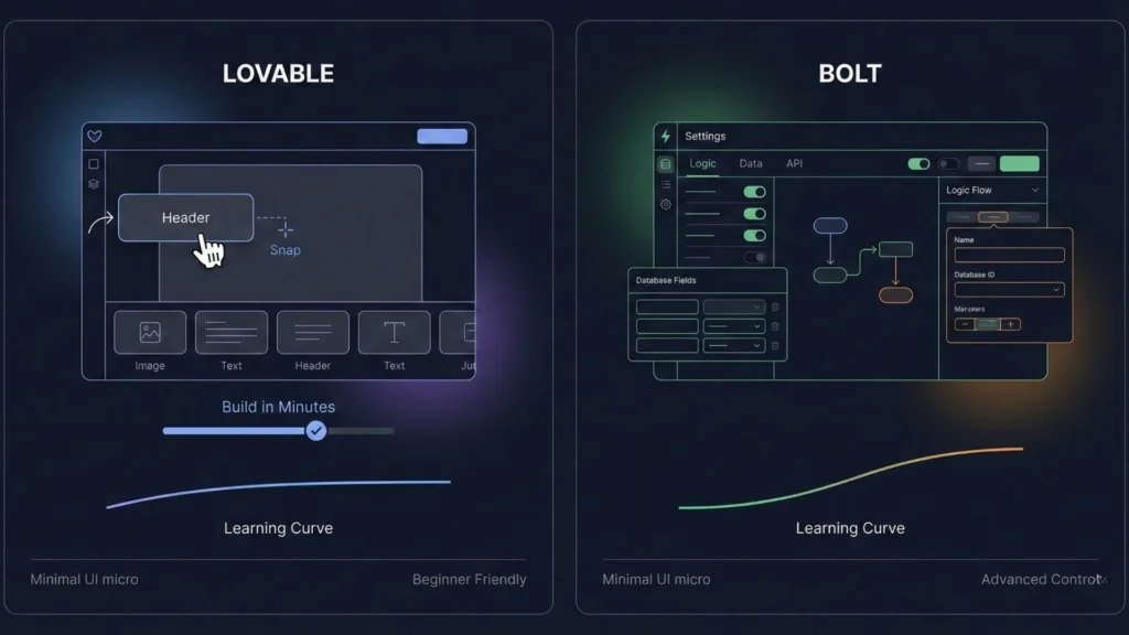 Interface comparison showing Lovable’s beginner-friendly visual builder versus Bolt’s advanced logic editor and steeper learning curve.