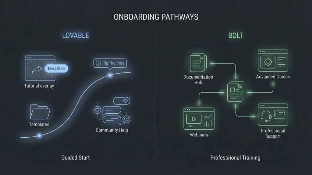 Onboarding comparison showing Lovable’s guided tutorials and community help versus Bolt’s documentation, webinars, and professional training.