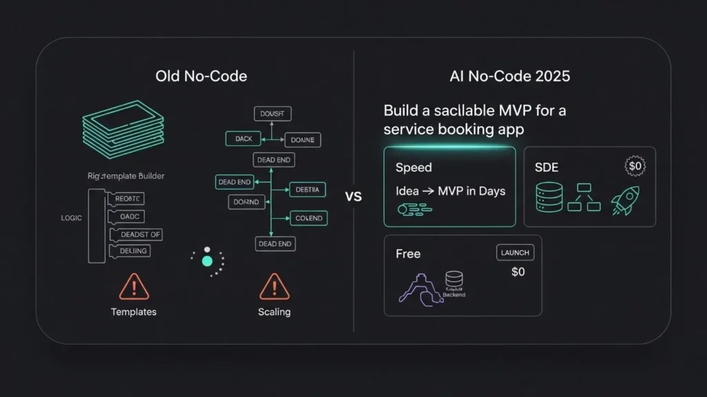 Comparison between old no-code tools and modern AI no-code builders showing faster MVP creation, scalability, and SDE-level architecture