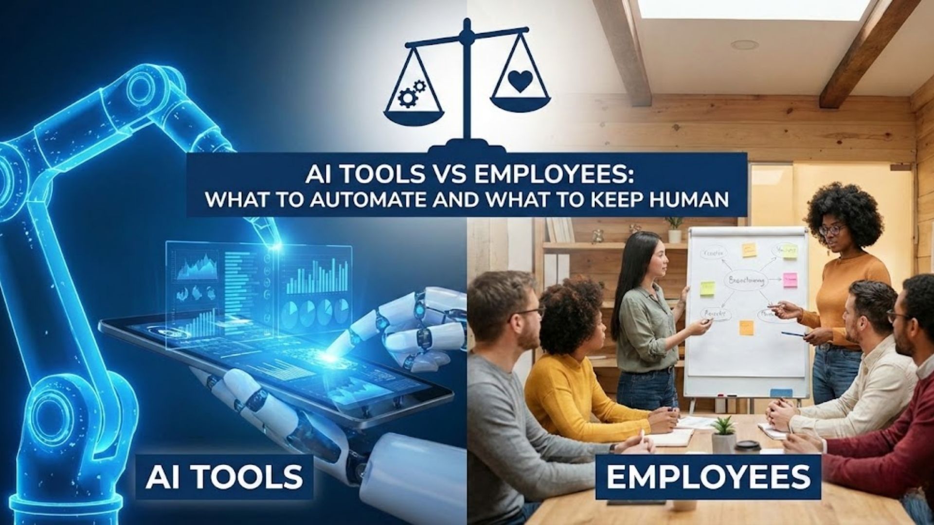 image that showing one side ai is working on some other task and other side humans are working on other things