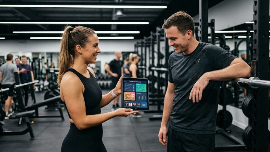 itness trainer demonstrating an AI-generated workout tracking app built using a no-code AI app builder.