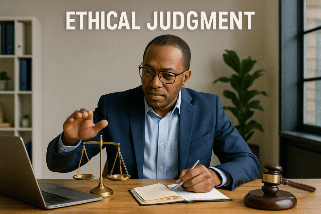 Man in a business suit sitting at an office desk, reviewing notes while reaching toward a brass balance scale, symbolizing ethical judgment and decision-making.