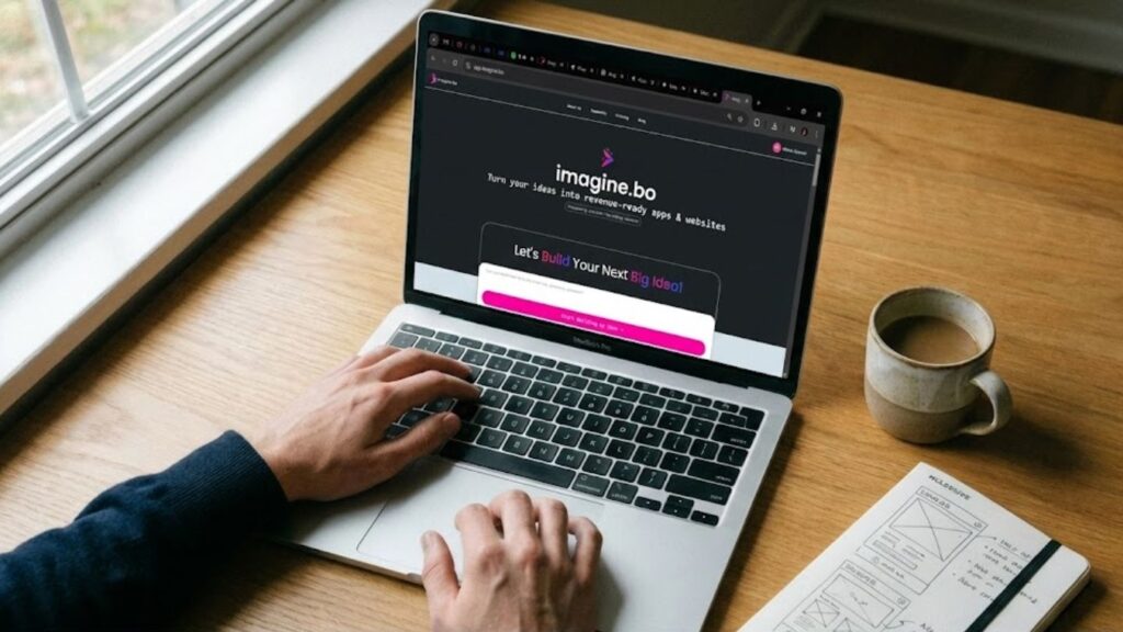 Woman creating an app for free using AI on her smartphone at an outdoor café — no-code app building experience.