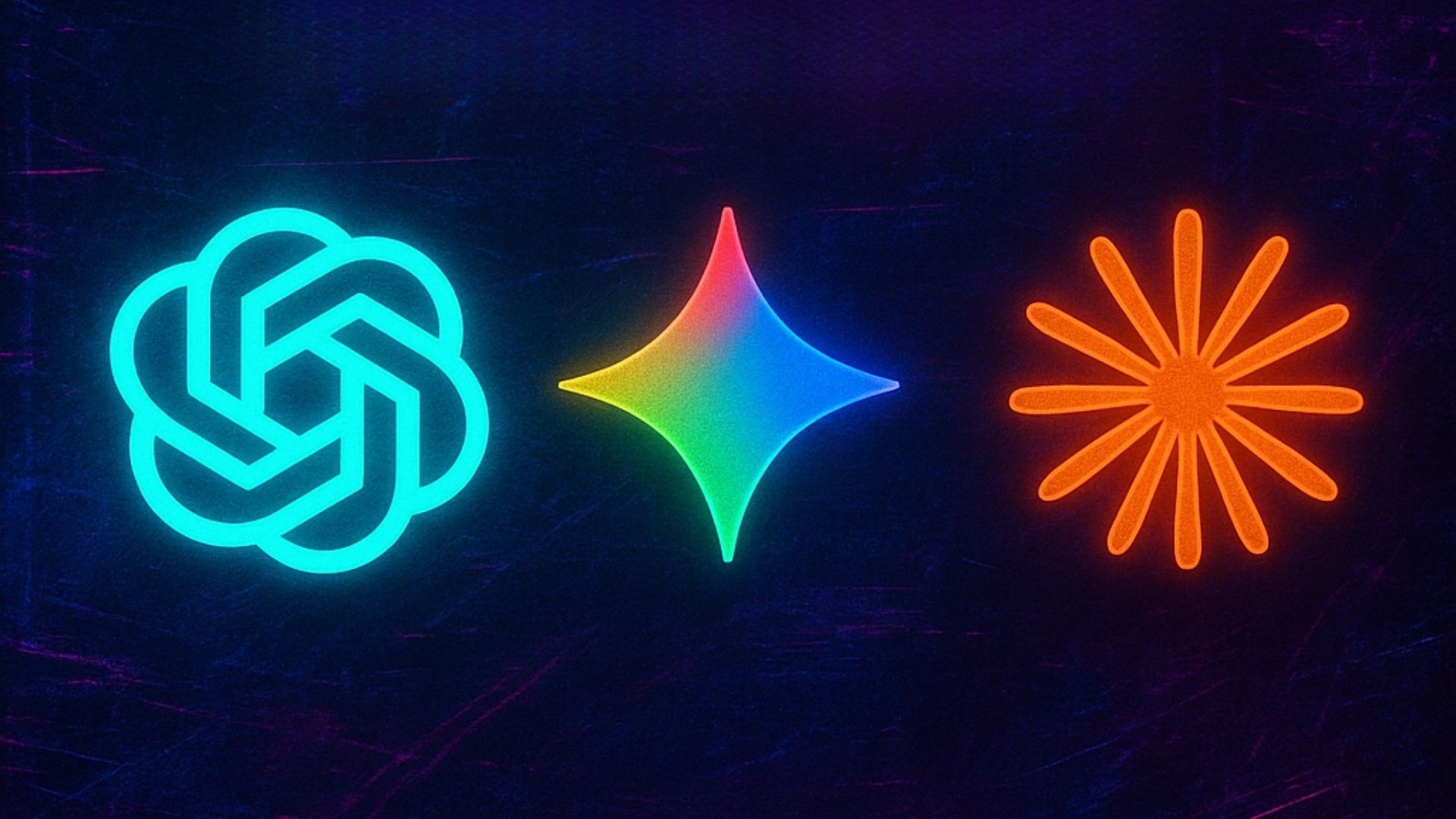 A dark, textured background with three glowing logo of chatgpt and gemini and claude ai
