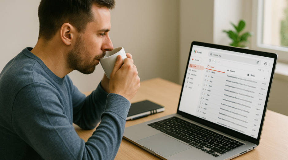 Man sitting at an office desk sipping coffee and looking at his laptop, which displays the Gmail inbox on the screen.
