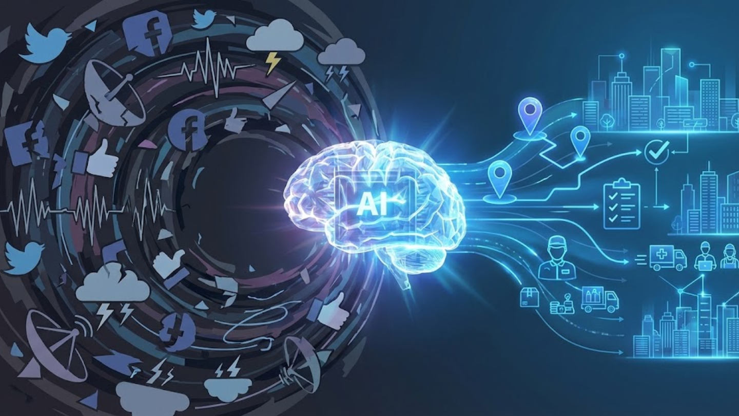 Abstract futuristic visualization illustrating a data pipeline. On the left, a chaotic vortex of fragmented icons representing social media, weather, and sensor noise funnels into a glowing central artificial intelligence brain. Emerging from the right side of the AI brain is an organized stream of structured data, including clear maps, prioritized task lists, and resource symbols, flowing into a calm digital cityscape.