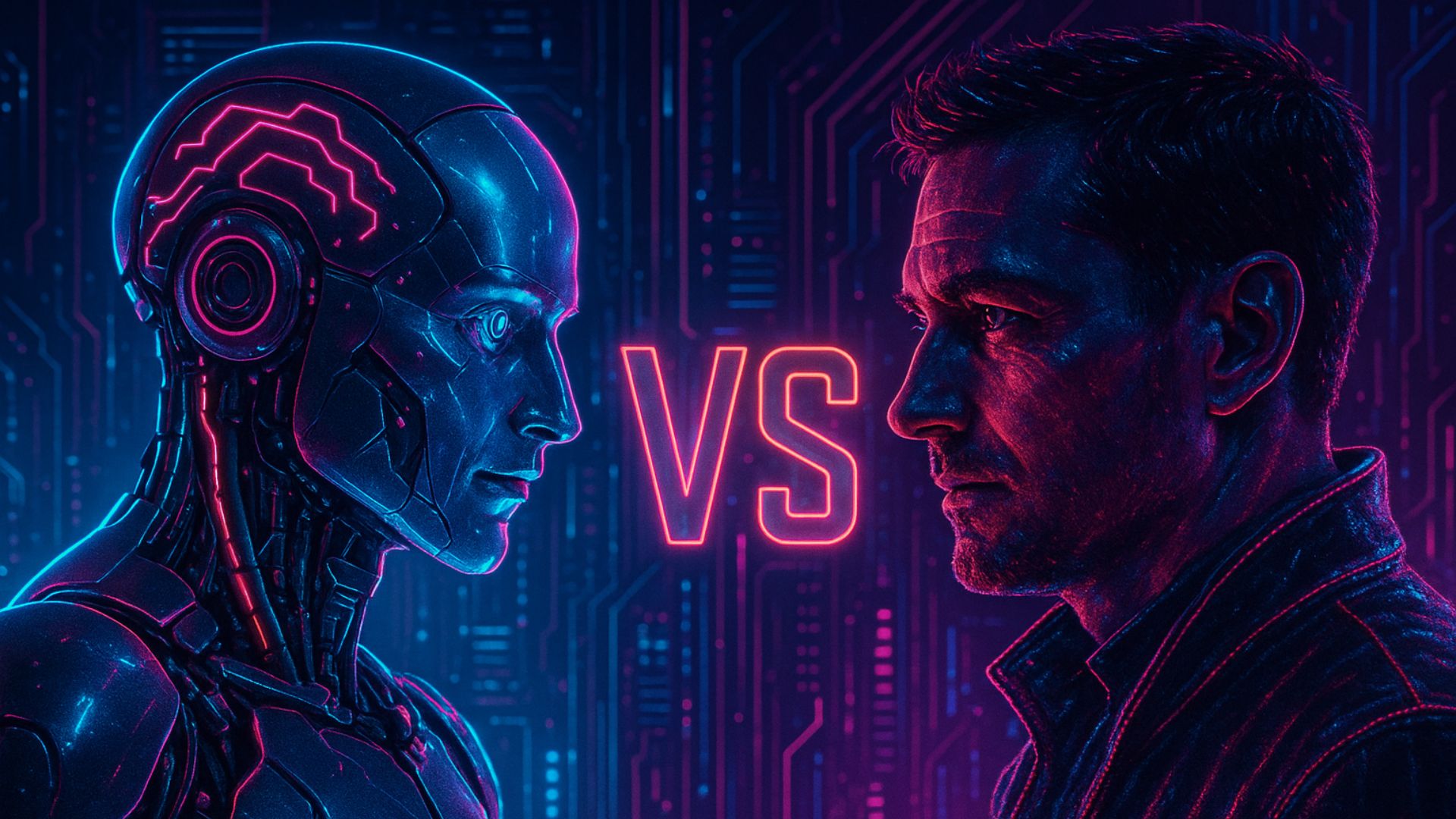 A cinematic profile view of a blue robotic face staring down a red human male face with a glowing neon "VS" sign in the center.