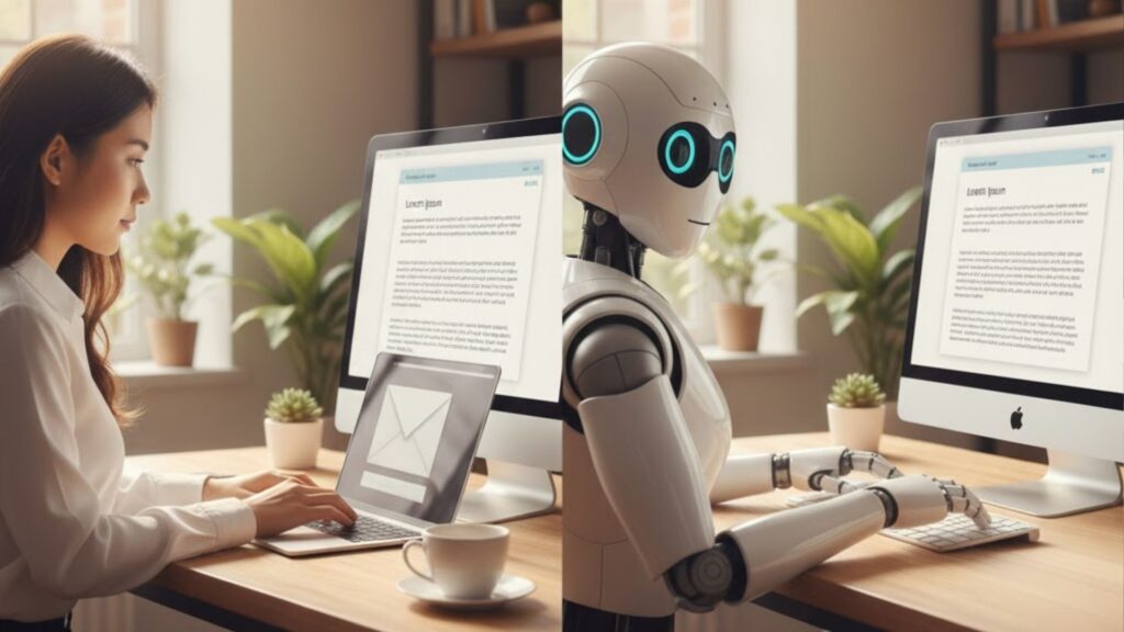 Side-by-side comparison of a woman typing an email on a laptop and a white robot drafting text on a desktop monitor.