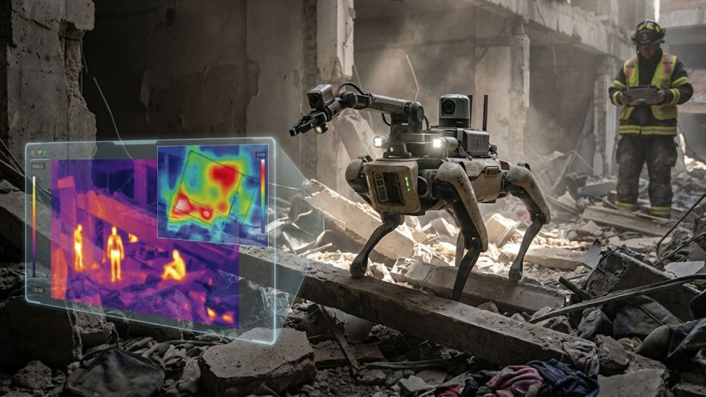 Gritty photograph of a rugged, four-legged autonomous robot with sensors navigating the dusty rubble of a collapsed concrete building. A holographic overlay in the foreground shows the robot's thermal imaging view, highlighting potential survivor heat signatures hidden beneath the debris. A human responder in safety gear monitors the robot from the background using a tablet controller.