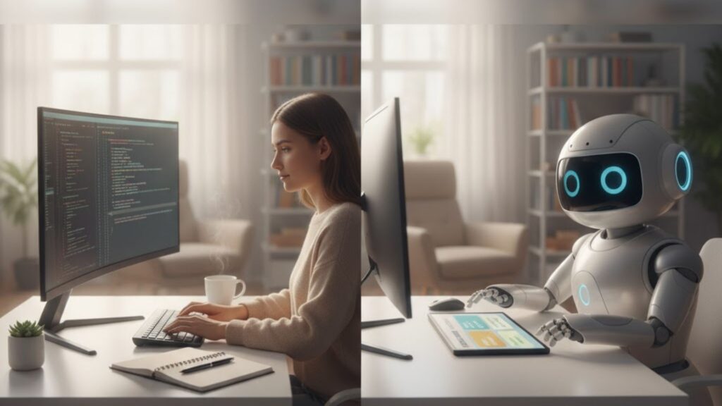 A woman working at a computer desk on the left and a robot working on a tablet on the right, representing parallel workflows.