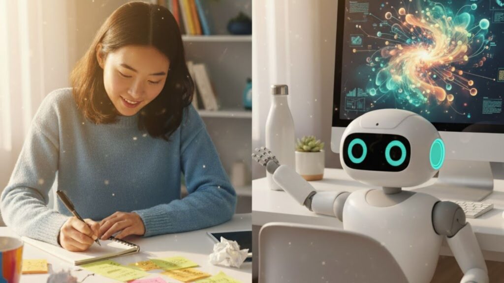 Split screen showing a woman writing ideas in a notebook versus a robot processing complex abstract data visualizations on a screen.