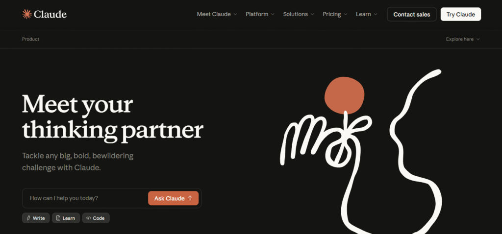 Screenshot of the Claude AI website’s homepage featuring its main headline and simple illustration.