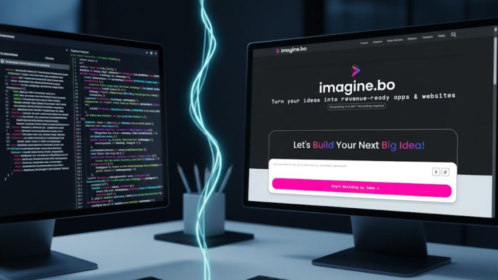 two desktop one with traditional coding and one with vibe coding with imagine.bo