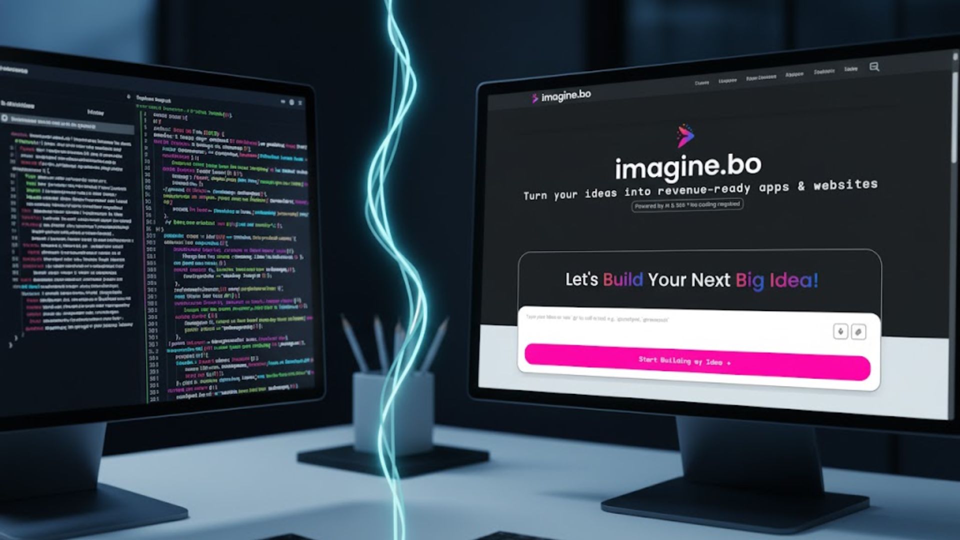 two desktop one with traditional coding and one with vibe coding with imagine.bo