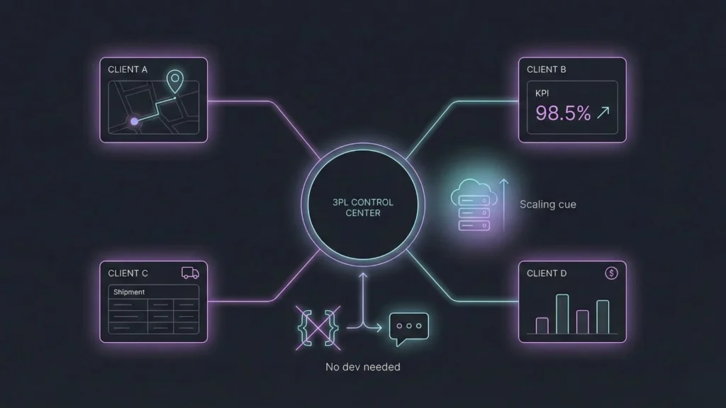 Third-party logistics control center managing multiple client shipments with KPIs and real-time performance visibility