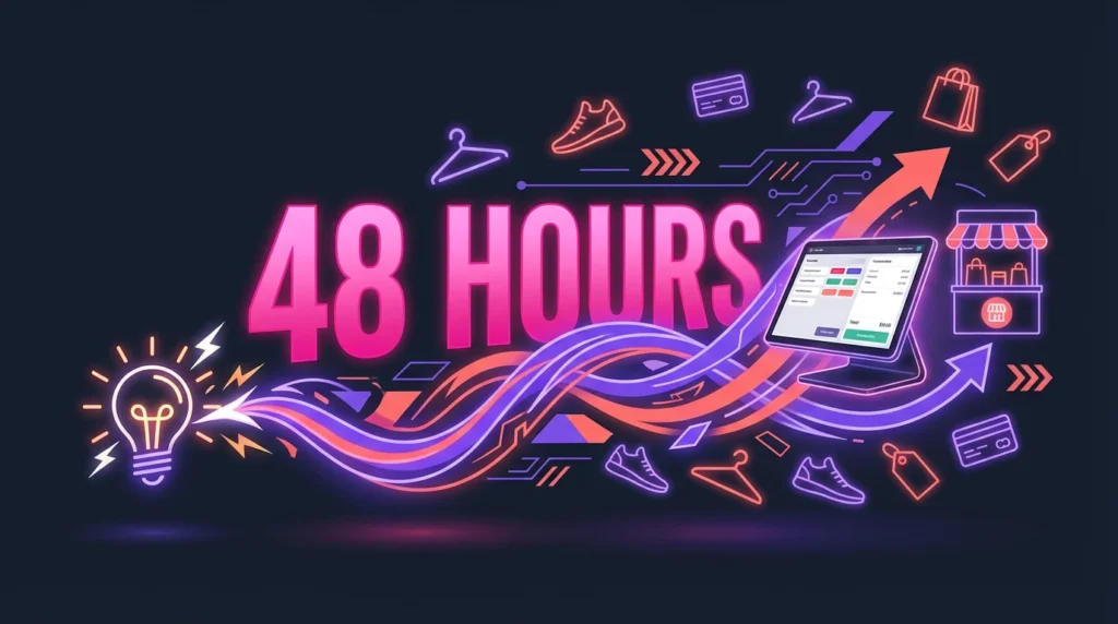 48-hour timeline illustration showing how to launch a retail MVP pop-up store quickly using lean startup principles.