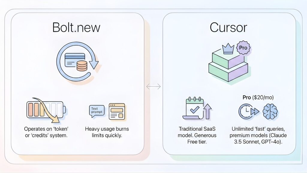 image show the pricing and usage of bolt.new and cursor ai