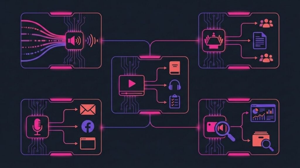 A dark-themed digital illustration showing five interconnected, glowing circuit-board diagrams representing automated workflows. Icons within the diagrams depict processes for transforming audio, video, and meeting inputs into documents, social content, and data analytics.