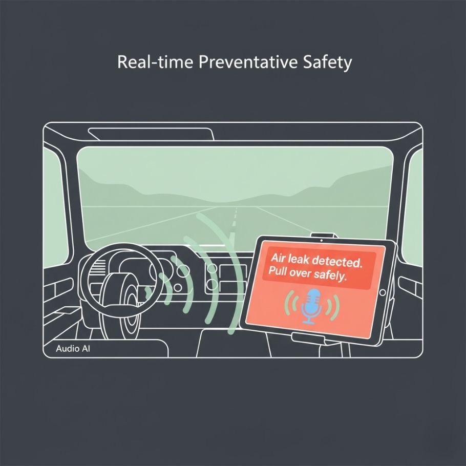 Truck cabin tablet using audio AI to detect air leaks and issue real time safety alerts for preventative fleet safety.