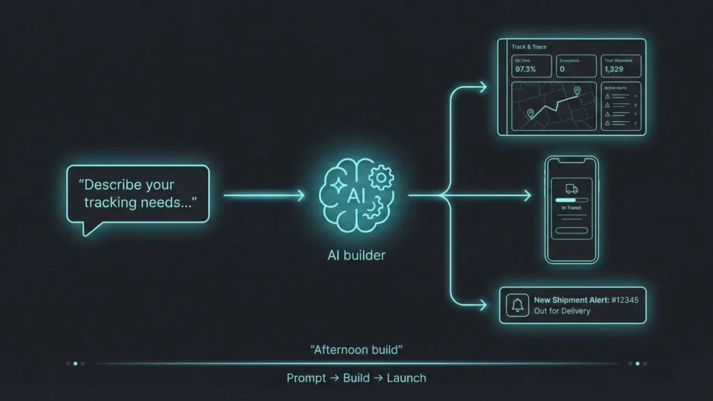 AI app builder workflow transforming a text prompt into a live supply chain tracking dashboard and alerts