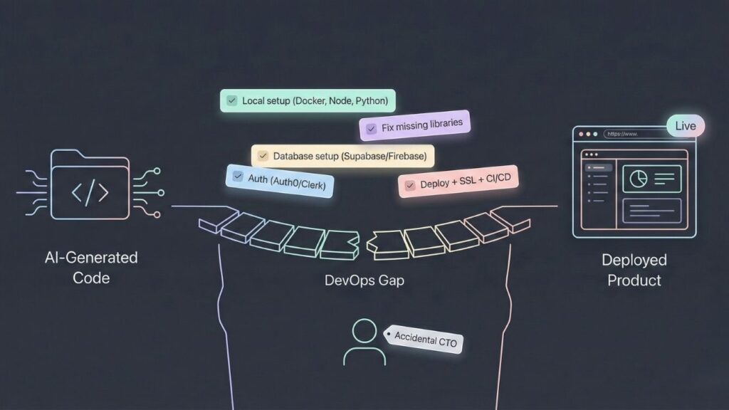 Illustration showing the DevOps gap between AI-generated code and a live deployed product, highlighting setup, database, authentication, and deployment challenges for founders.
