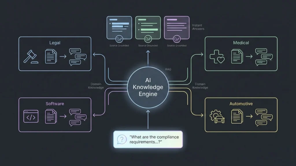 AI knowledge engine diagram connecting domain knowledge for legal, medical, software, and automotive answers using RAG.