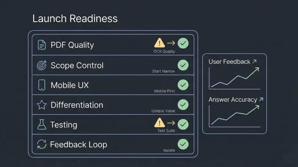 Launch readiness checklist for an AI app including PDF quality, scope control, mobile UX, testing, and feedback loop.