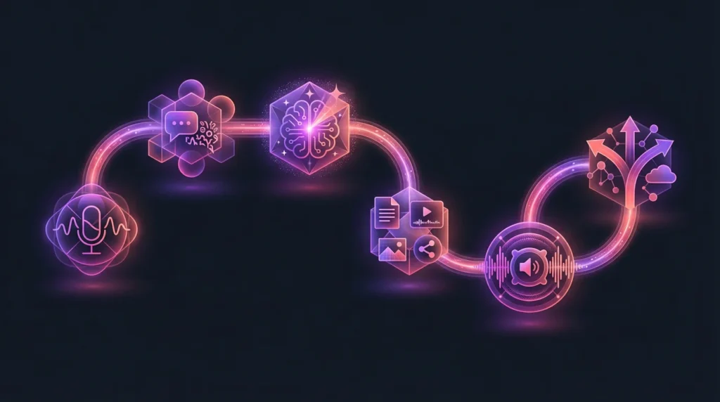 AI system converting podcast audio into structured text, code, and searchable data for automated content workflows.