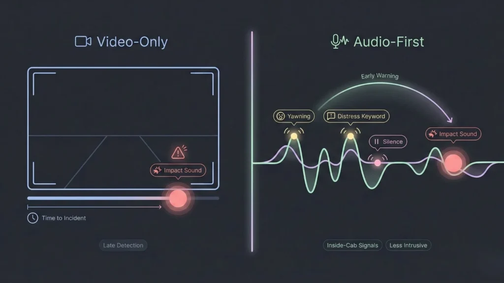 Comparison of video-only and audio-first driver safety detection showing earlier warnings from in-cab audio signals like yawning and distress.