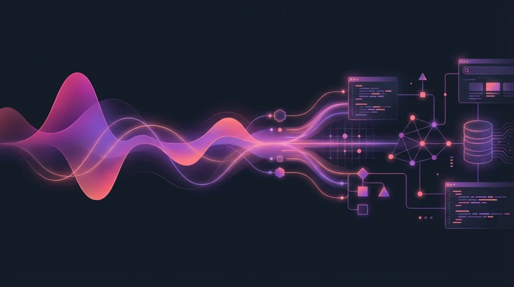 Abstract visualization of AI-powered podcast automation showing audio waves transforming into structured data and insights.