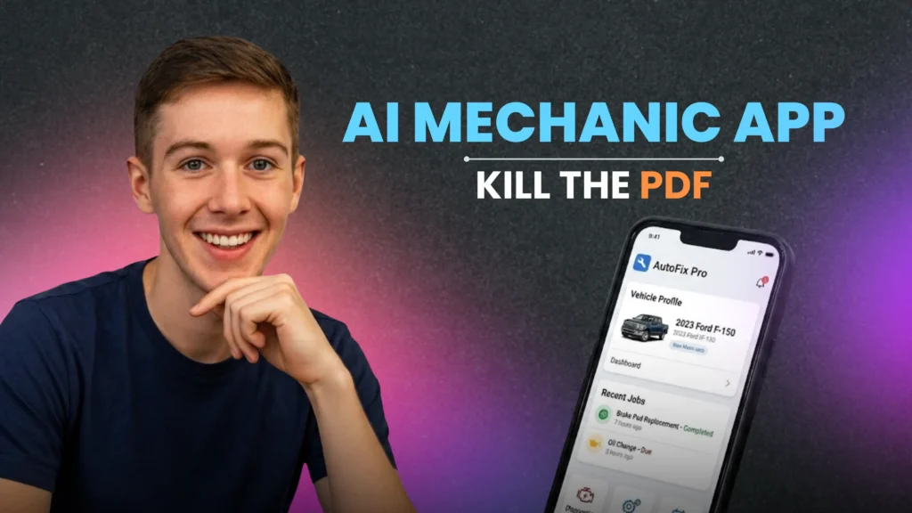 a person with a phone displaying mechanic app. text "AI Mechanic App"