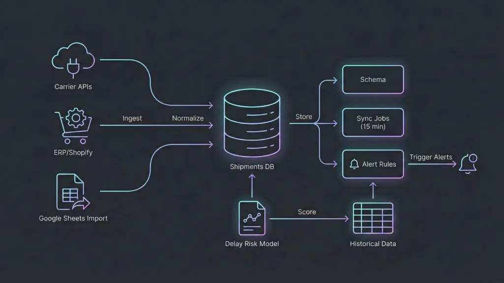 Supply chain data ingestion flow from carrier APIs, ERP/Shopify, and Google Sheets into a shipments database with sync jobs, alert rules, and delay risk scoring