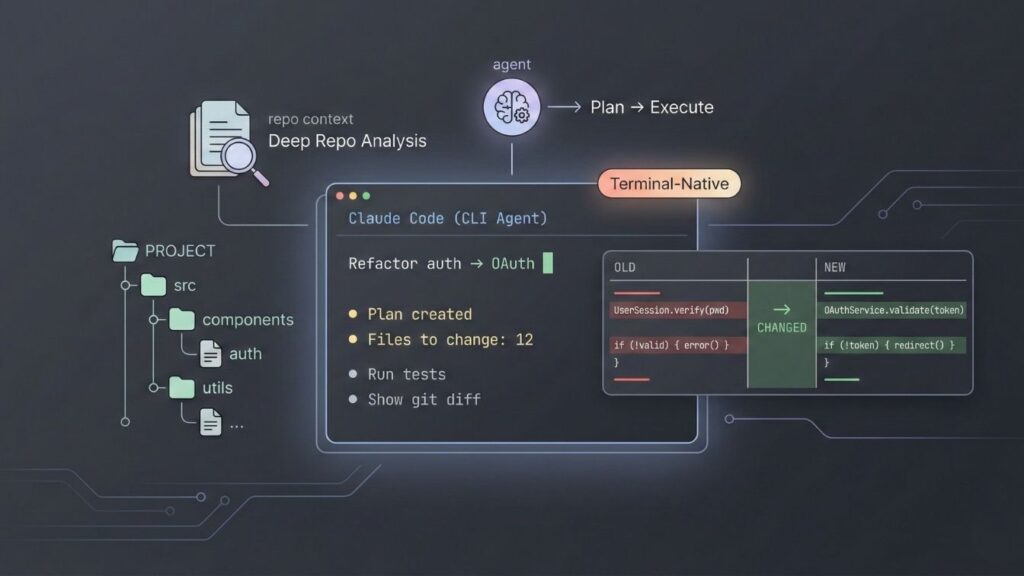 Claude Code CLI agent showing deep repository analysis, planning before execution, and terminal-native workflow for refactoring authentication to OAuth.
