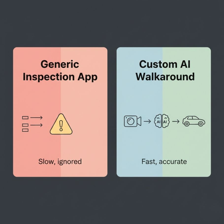 Comparison between a slow generic inspection app and a fast, accurate custom AI vehicle walkaround for fleet inspections.