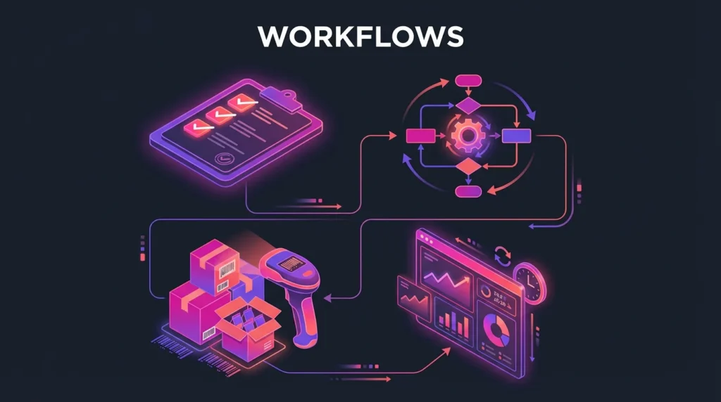 Neon-style illustration showing digital retail workflows including checklists, process automation, inventory scanning, and analytics dashboards connected through unified arrows.