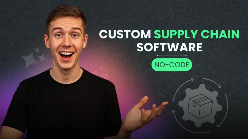 a person with shocking expression and text on "custom supply chain software with no code tool"