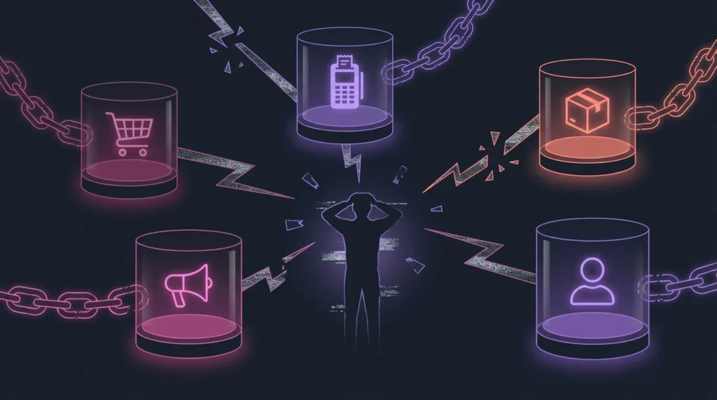 Illustration showing data silos problem in CRM systems where customer data is fragmented across platforms
