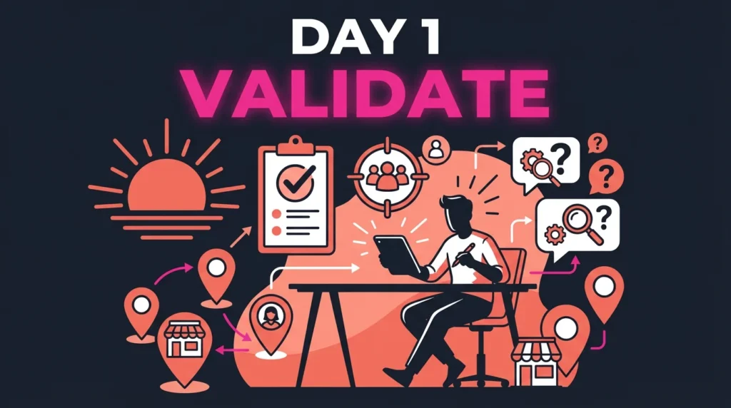 Day 1 retail MVP validation process with customer research, problem discovery, and early market testing before building a full retail product.