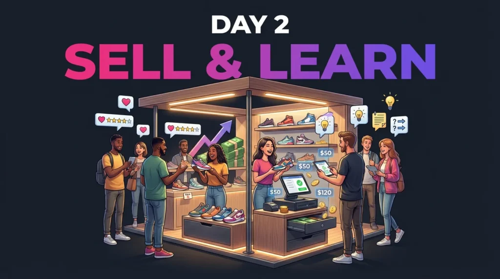 Day 2 pop-up store scene where founders sell products, collect payments, and gather real customer feedback to validate a retail MVP.