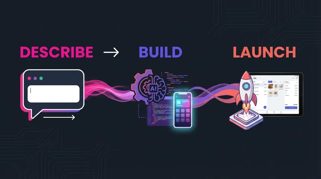 Visual workflow showing describe, build, and launch steps for creating a retail MVP using AI, from idea description to live point-of-sale app.