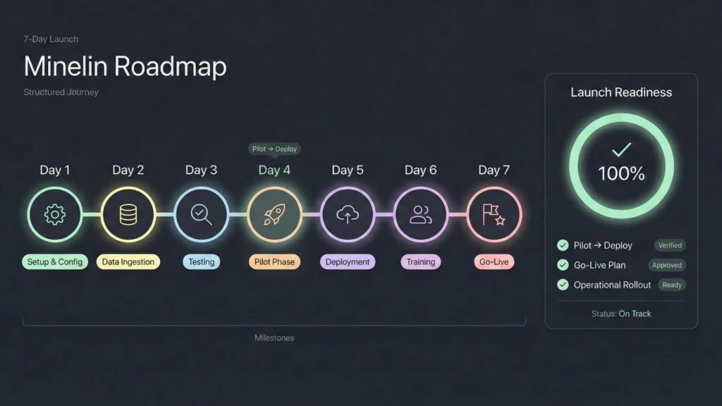 Seven-day launch roadmap outlining setup, data ingestion, testing, pilot phase, deployment, training, and go-live readiness for a driver safety AI app.