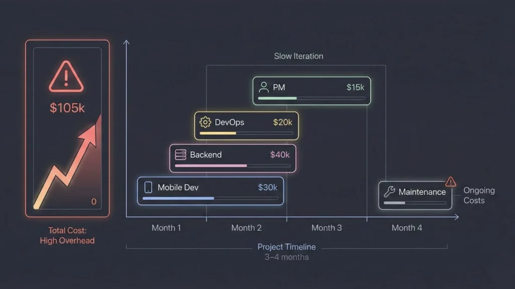 Comparison of driver safety app development costs, timelines, and overhead showing slow iteration and high maintenance in traditional builds.