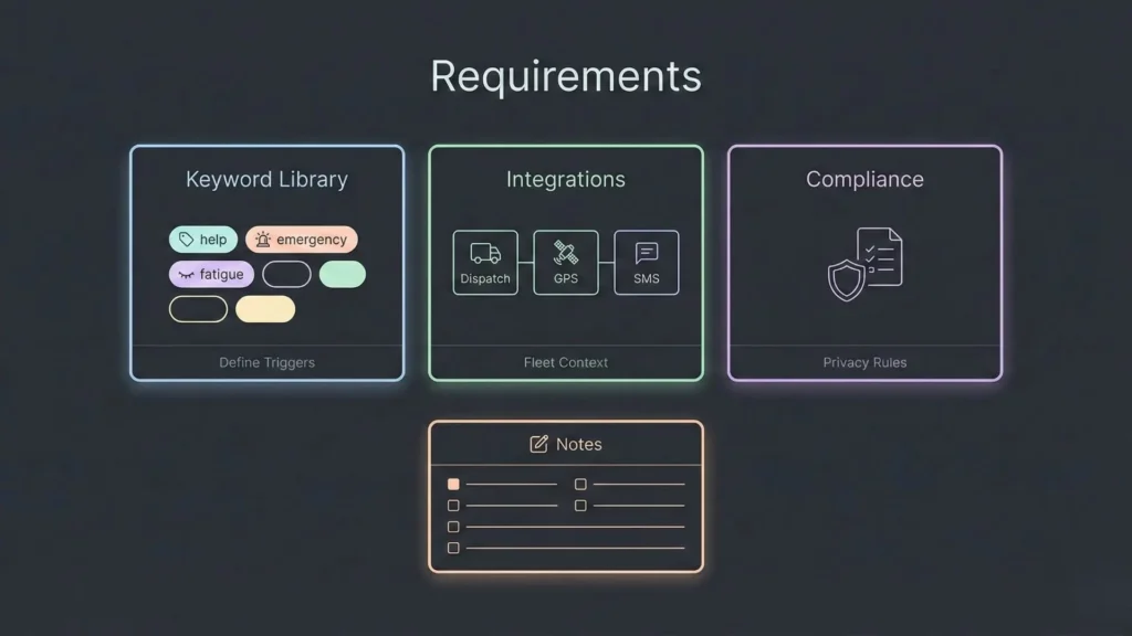Requirements overview showing keyword triggers, fleet integrations like GPS and SMS, privacy compliance rules, and implementation notes.