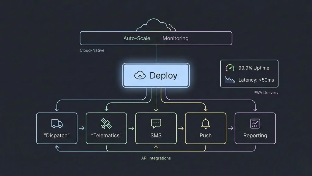 Continuous improvement loop for a driver safety AI system showing monitoring, learning, tuning, deployment, and support feedback.