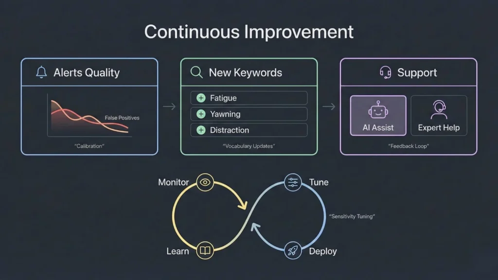 Continuous improvement loop for a driver safety AI system showing monitoring, learning, tuning, deployment, and support feedback.