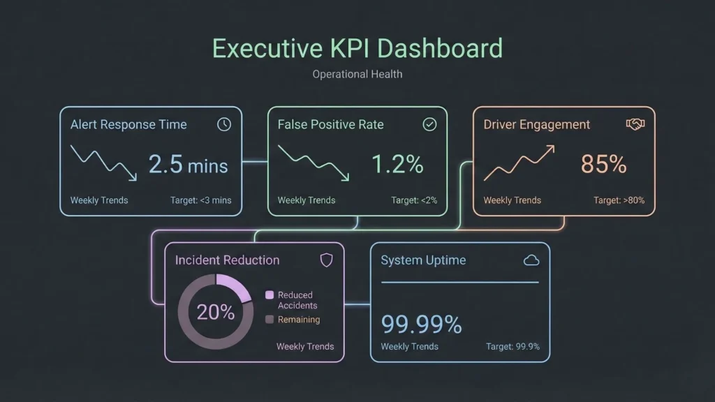 Executive KPI dashboard showing alert response time, false positive rate, driver engagement, incident reduction, and system uptime for a driver safety AI platform.