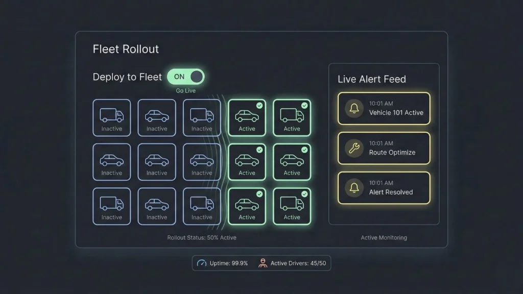 Fleet rollout screen showing active and inactive vehicles with real-time alerts, route optimization updates, and system uptime monitoring.