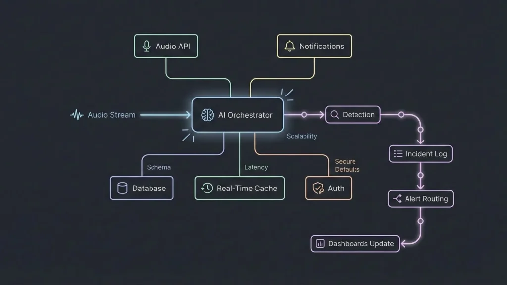 AI orchestration architecture handling real-time audio streams, detection, authentication, alert routing, and dashboard updates.